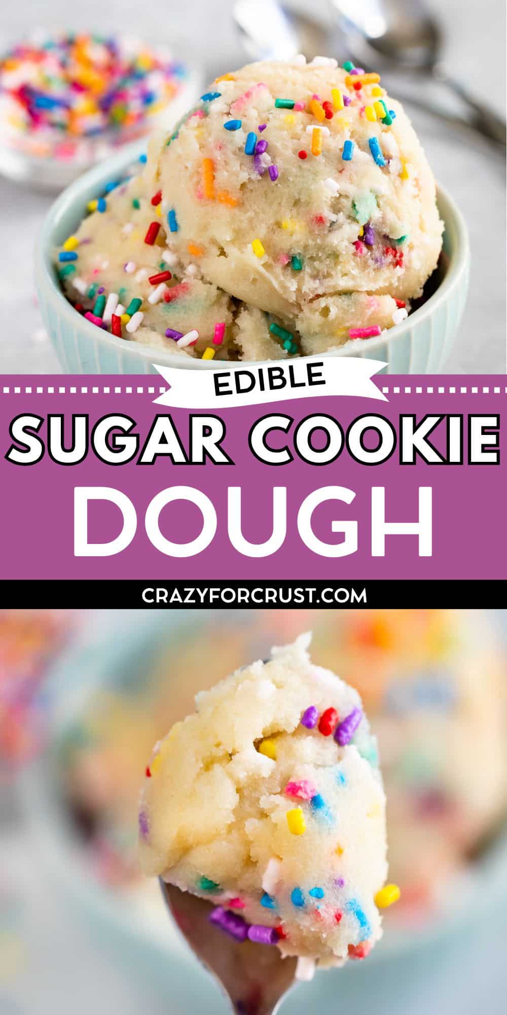 A bowl filled with scoops of edible sugar cookie dough topped with colorful sprinkles, featuring a spoonful of dough in the foreground and a small dish of extra sprinkles in the background.