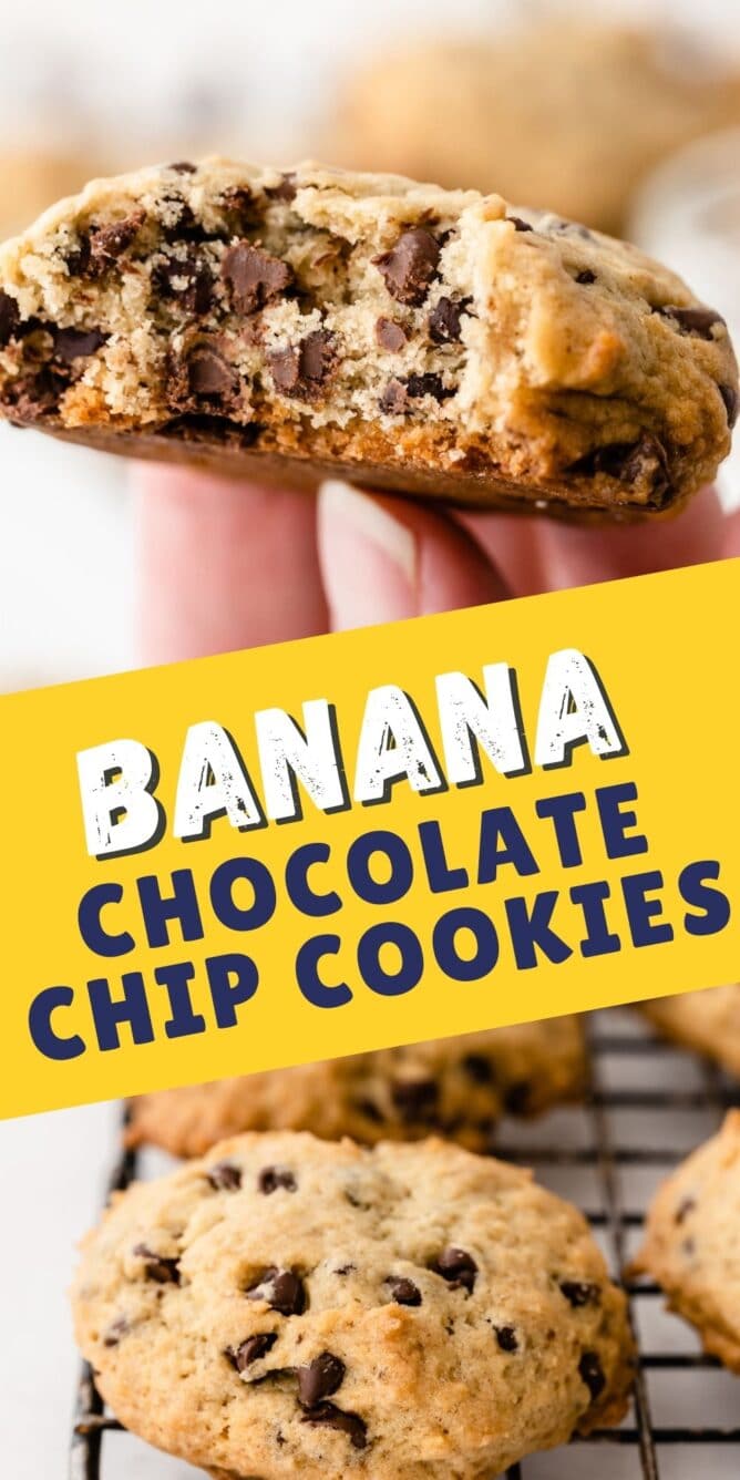 Banana chocolate chip cookies collage with recipe title in the middle