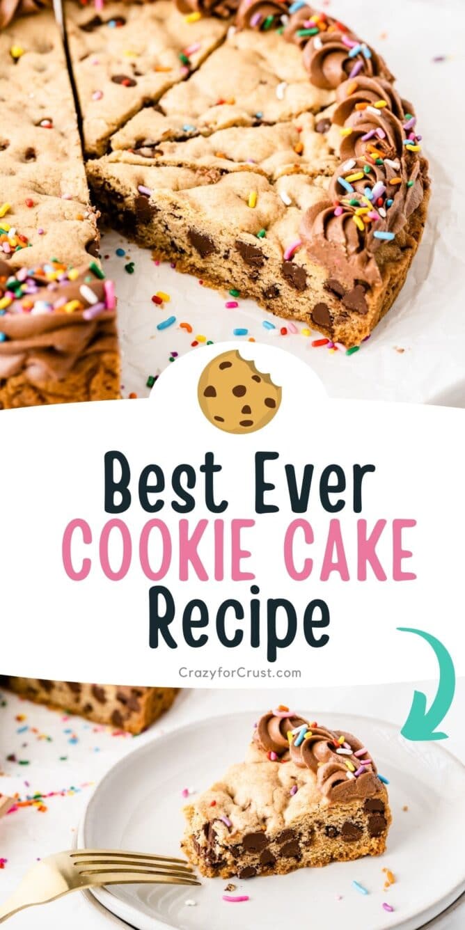 Photo collage of cookie cake with recipe title in middle of photo