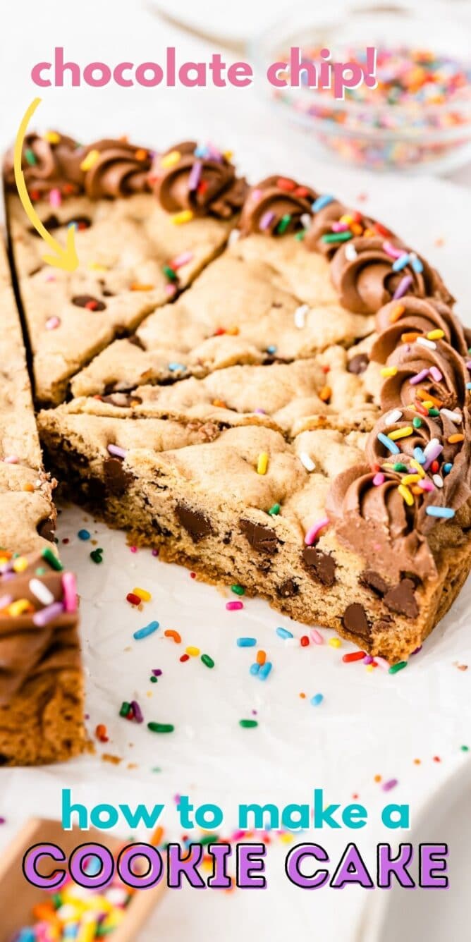 Cookie cake with one slice missing and recipe title on bottom of photo