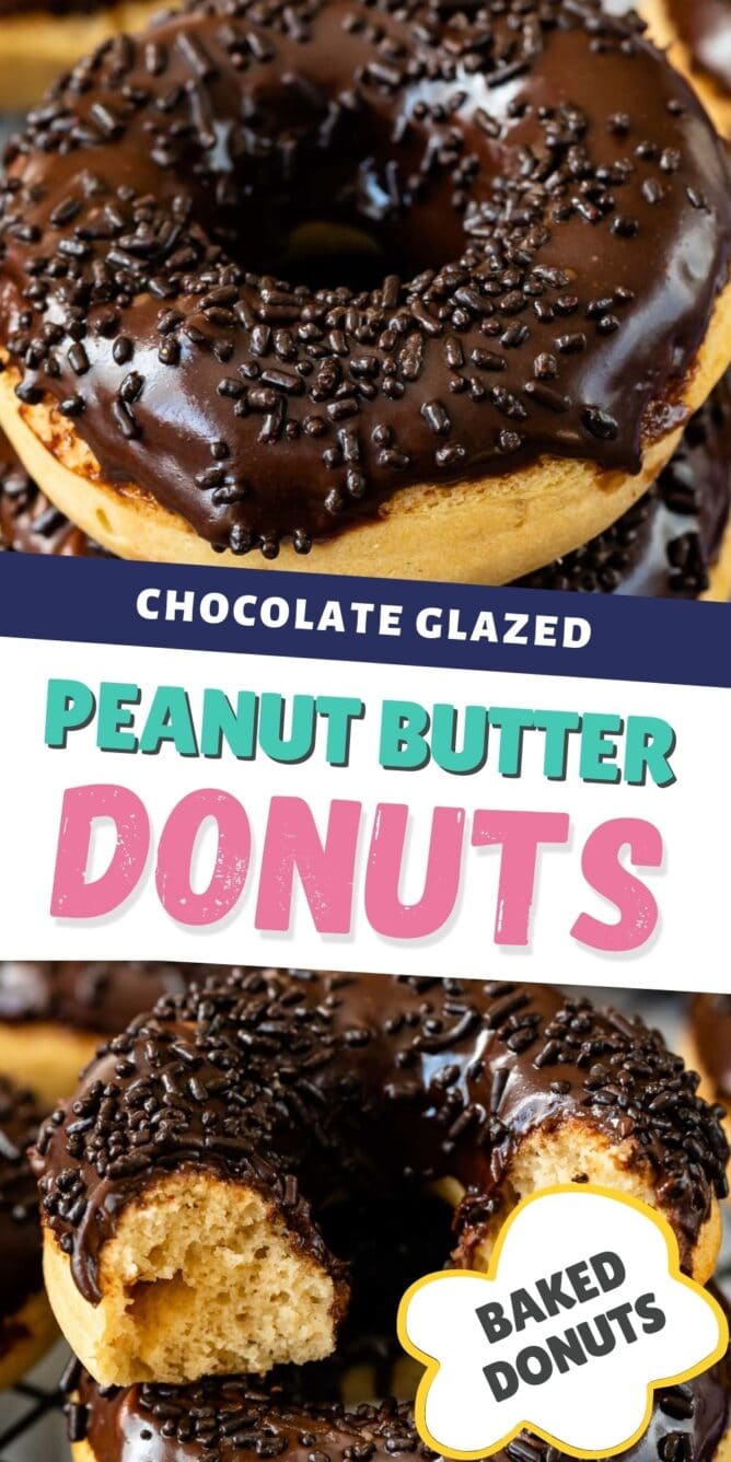 Photo collage of peanut butter baked donuts with recipe title in the middle of photos