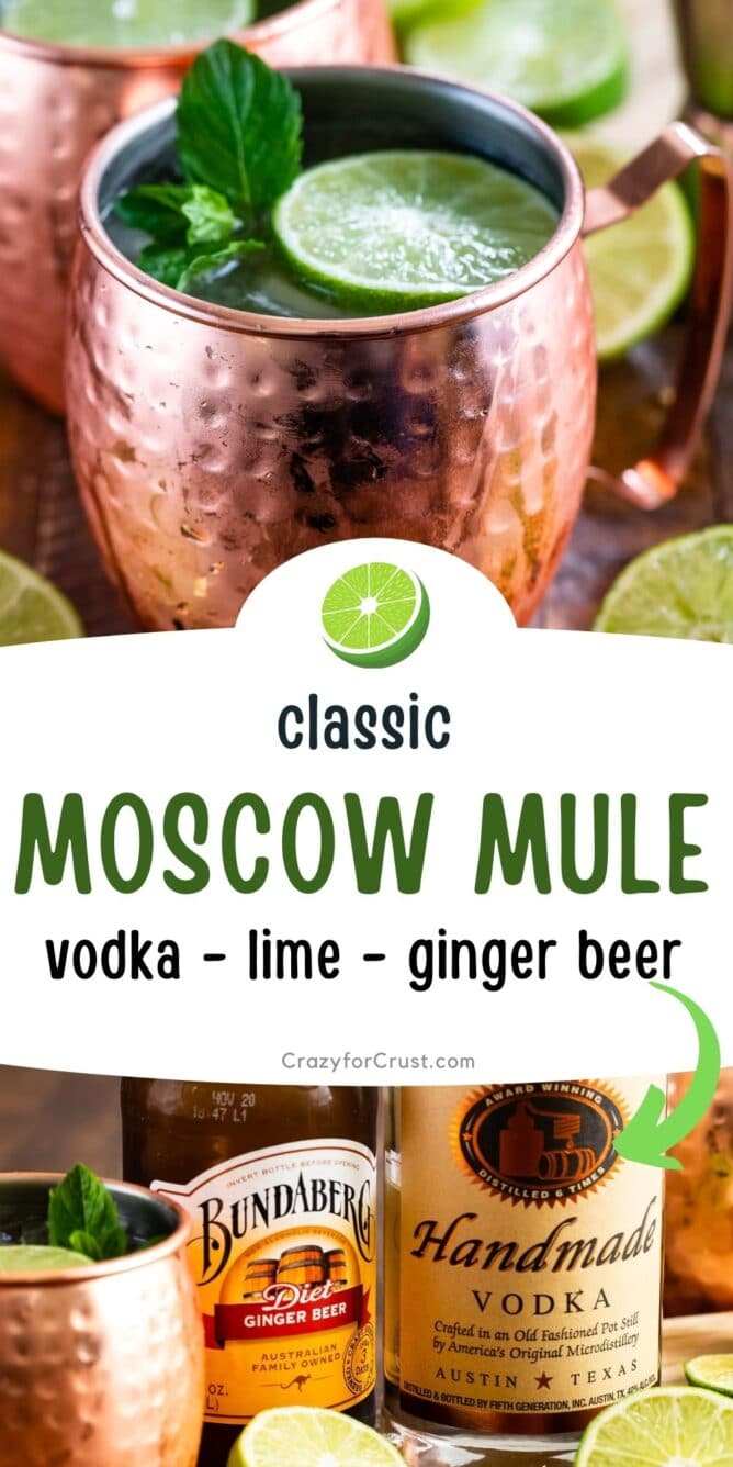 Photo collage of moscow mules with recipe title in middle of photos