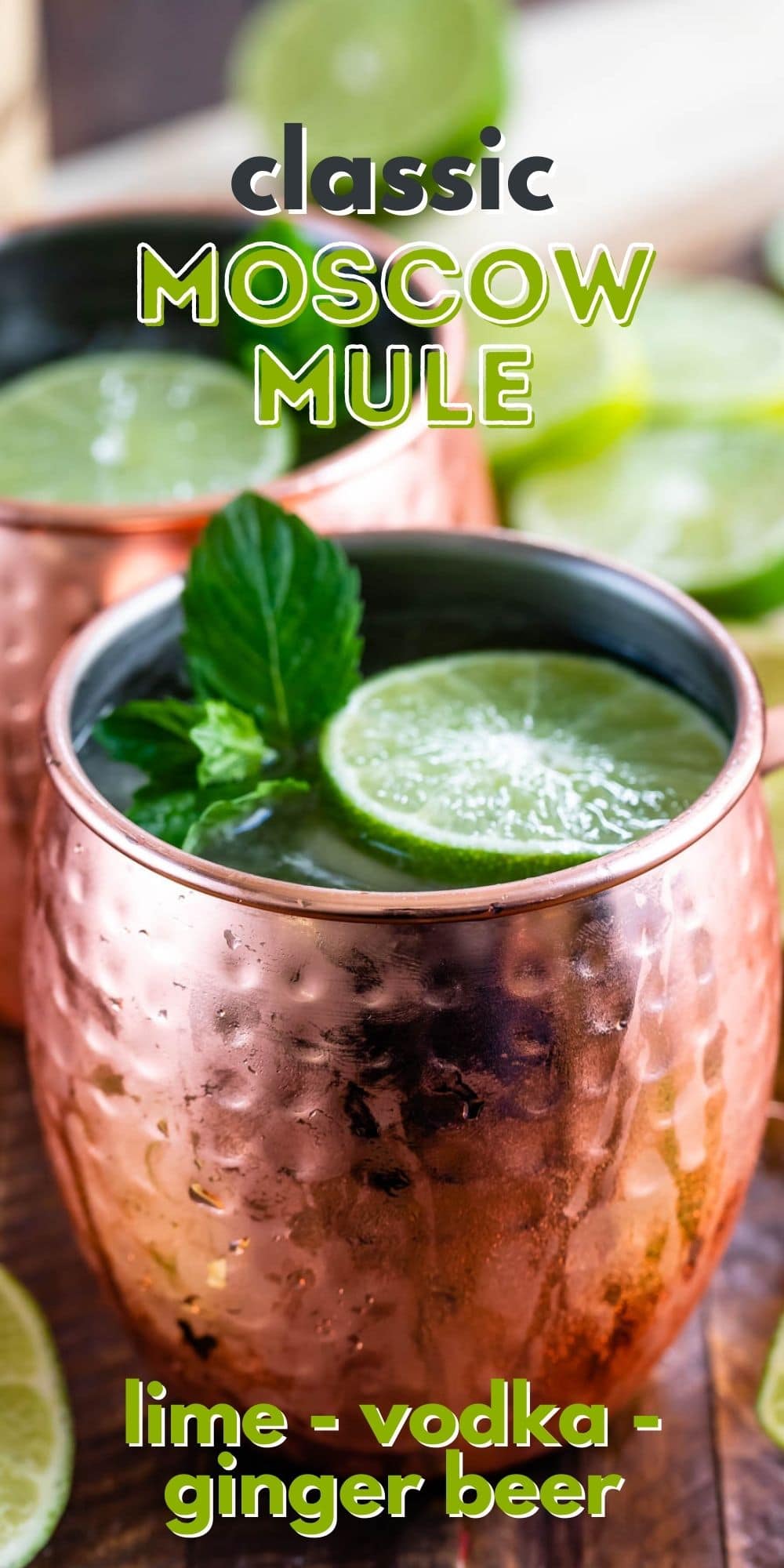 Classic moscow mule in copper mug topped with mint leaves and a lime slice with recipe title on top of image