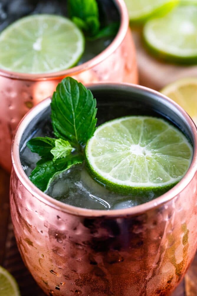 Close up overhead shot of moscow mule topped with mint leaves and a lime slice