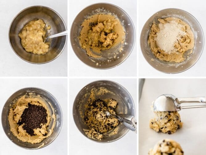 Six photo collage showing the process of making banana chocolate chip cookies
