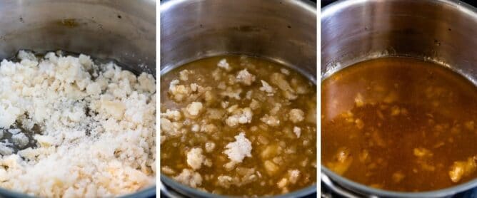 Three photos showing process of making this easy homemade caramel sauce