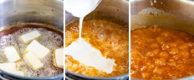 Three photos showing process of making this easy homemade caramel sauce