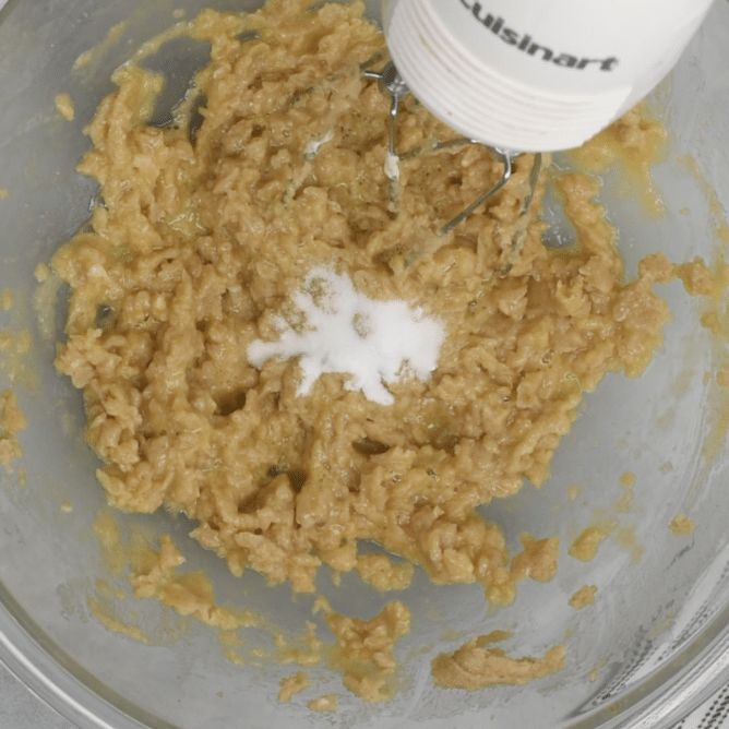 cookie dough with salt and baking soda and mixer