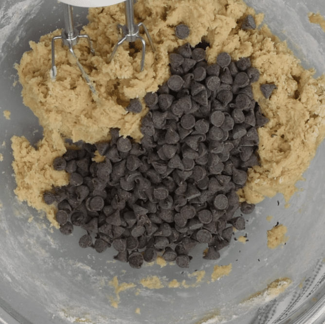 bowl of cookie dough with chocolate chips