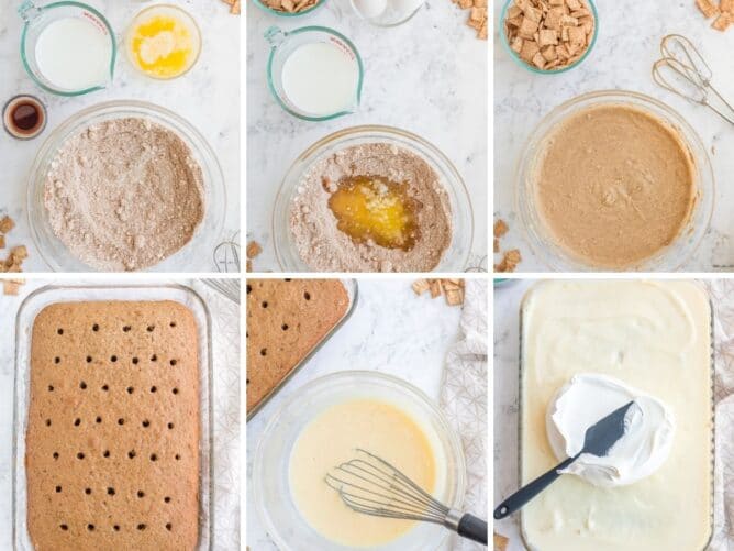 Six photo collage showing the process of making cinnamon toast crunch poke cake