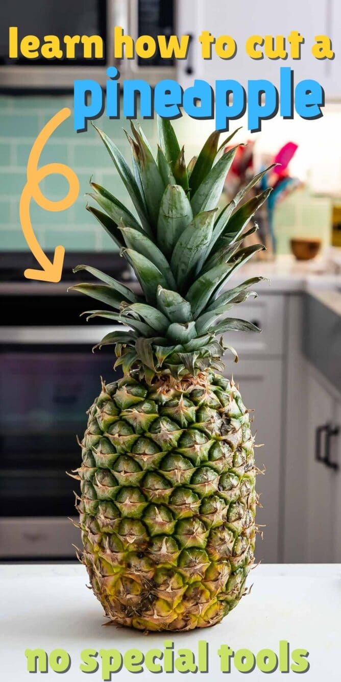pineapple sitting on kitchen counter with words on photo