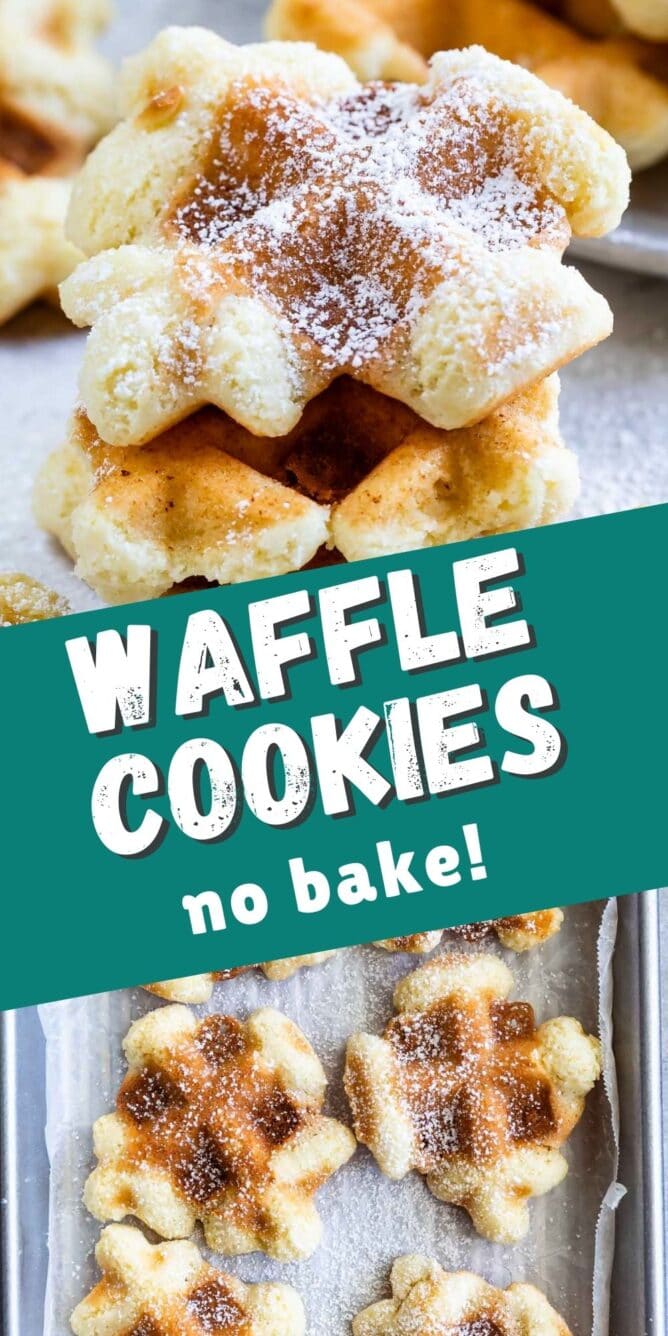 Photo collage of waffle cookies with recipe title in the middle