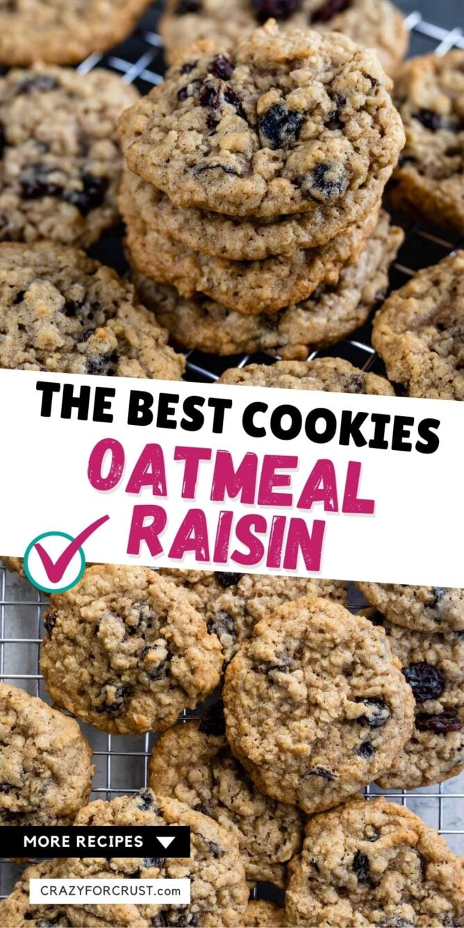 Photo collage of oatmeal raisin cookies with recipe title in middle of photo