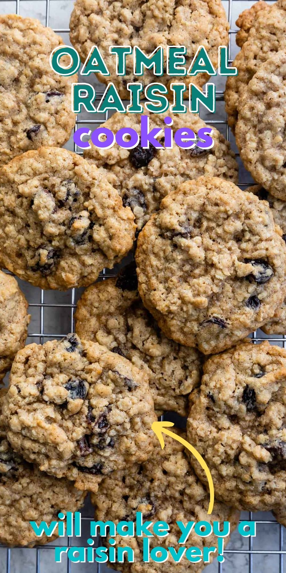 Overhead shot of oatmeal raisin cookies on wire cooling rack with recipe title on top of image