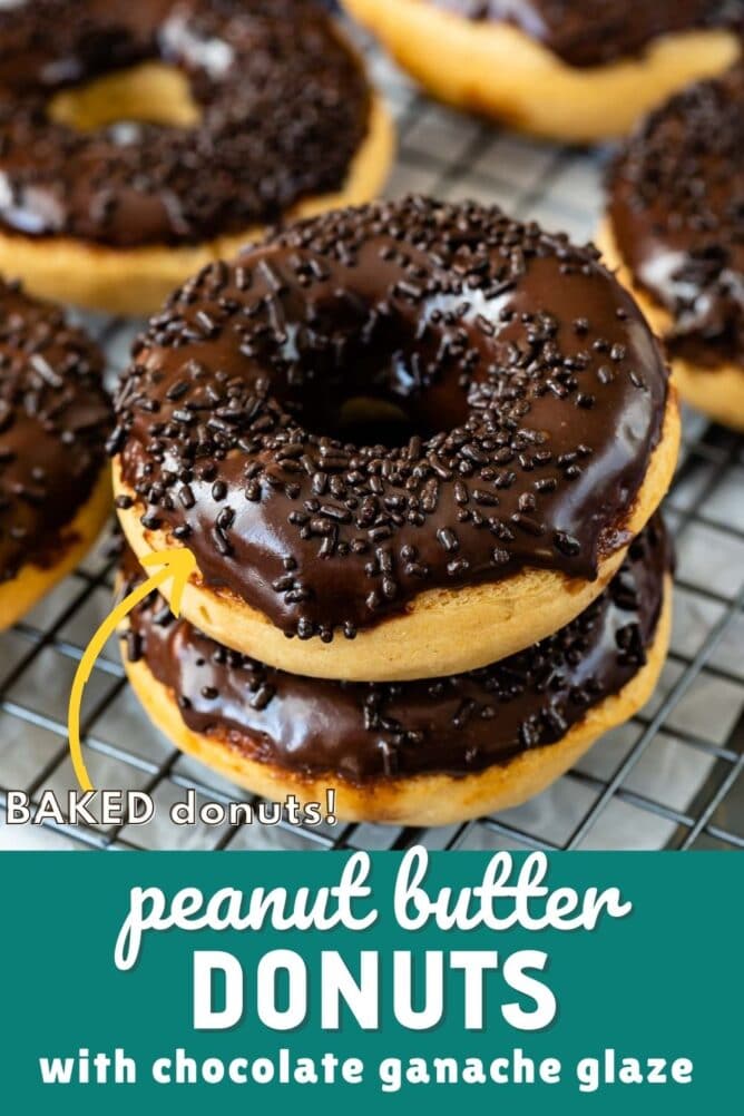 Stack of two peanut butter baked donuts with chocolate icing and sprinkles with recipe title on bottom of photo