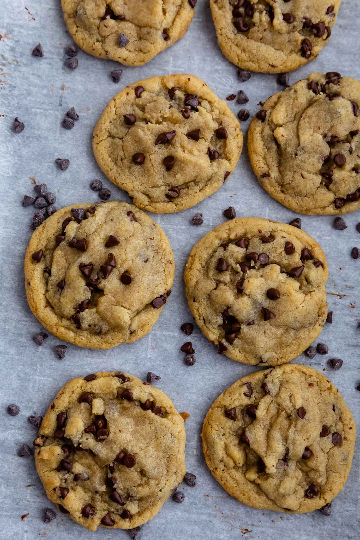 Overhead view of small batch chocolate chip cookies