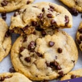 Overhead view of small batch chocolate chip cookies with recipe title on bottom of photo