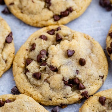 Close up overhead shot of small batch chocolate chip cookies