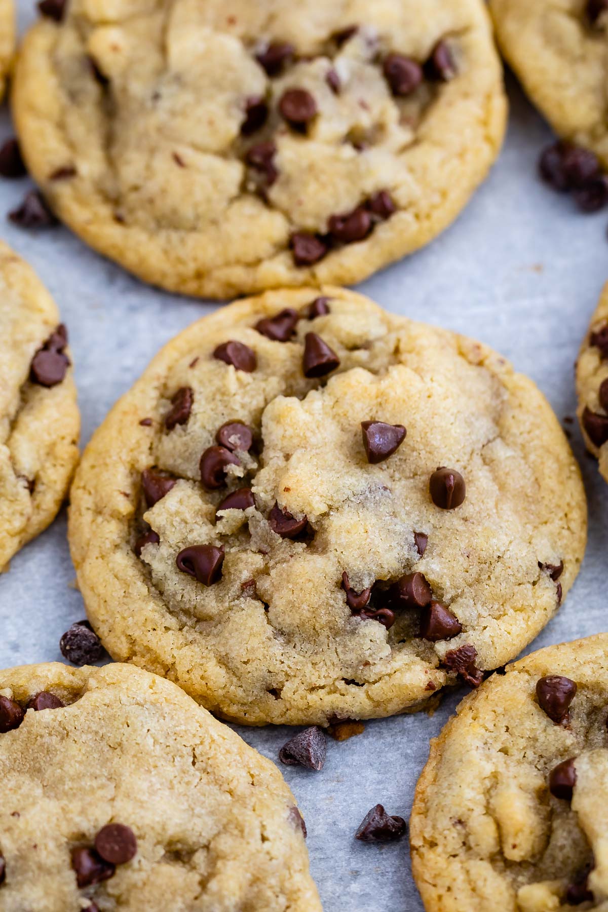 Close up overhead shot of small batch chocolate chip cookies