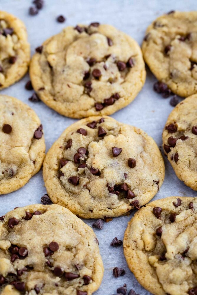 Overhead view of small batch chocolate chip cookies