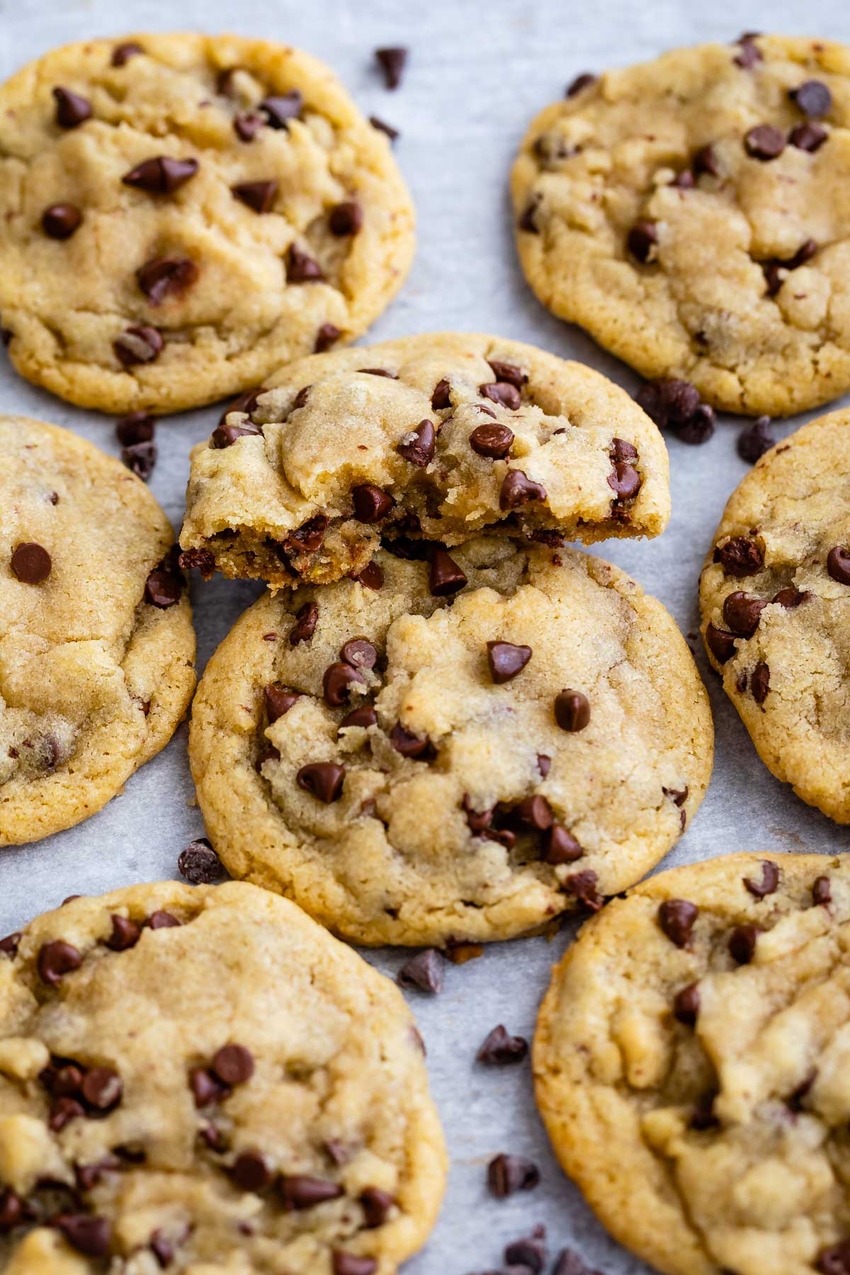 Overhead view of small batch chocolate chip cookies