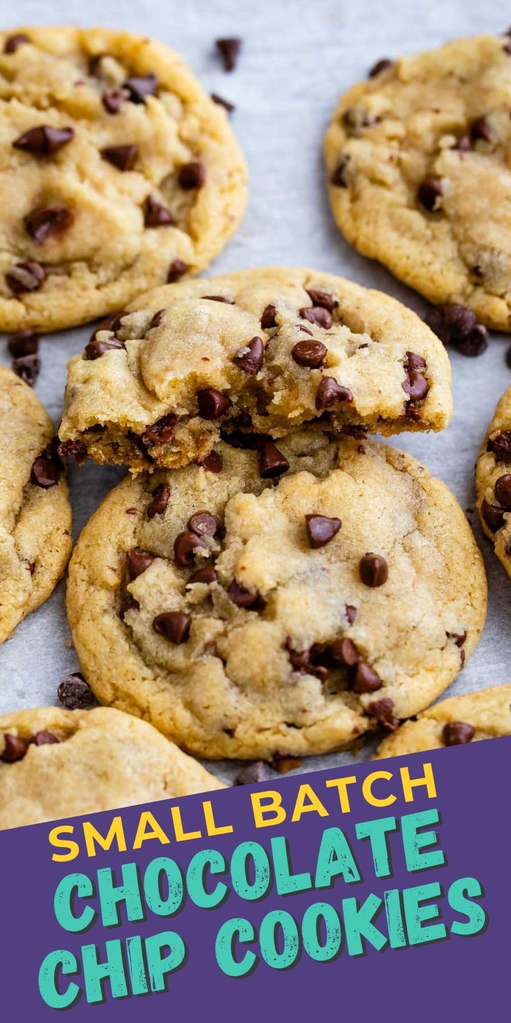 Overhead view of small batch chocolate chip cookies with recipe title on bottom of photo