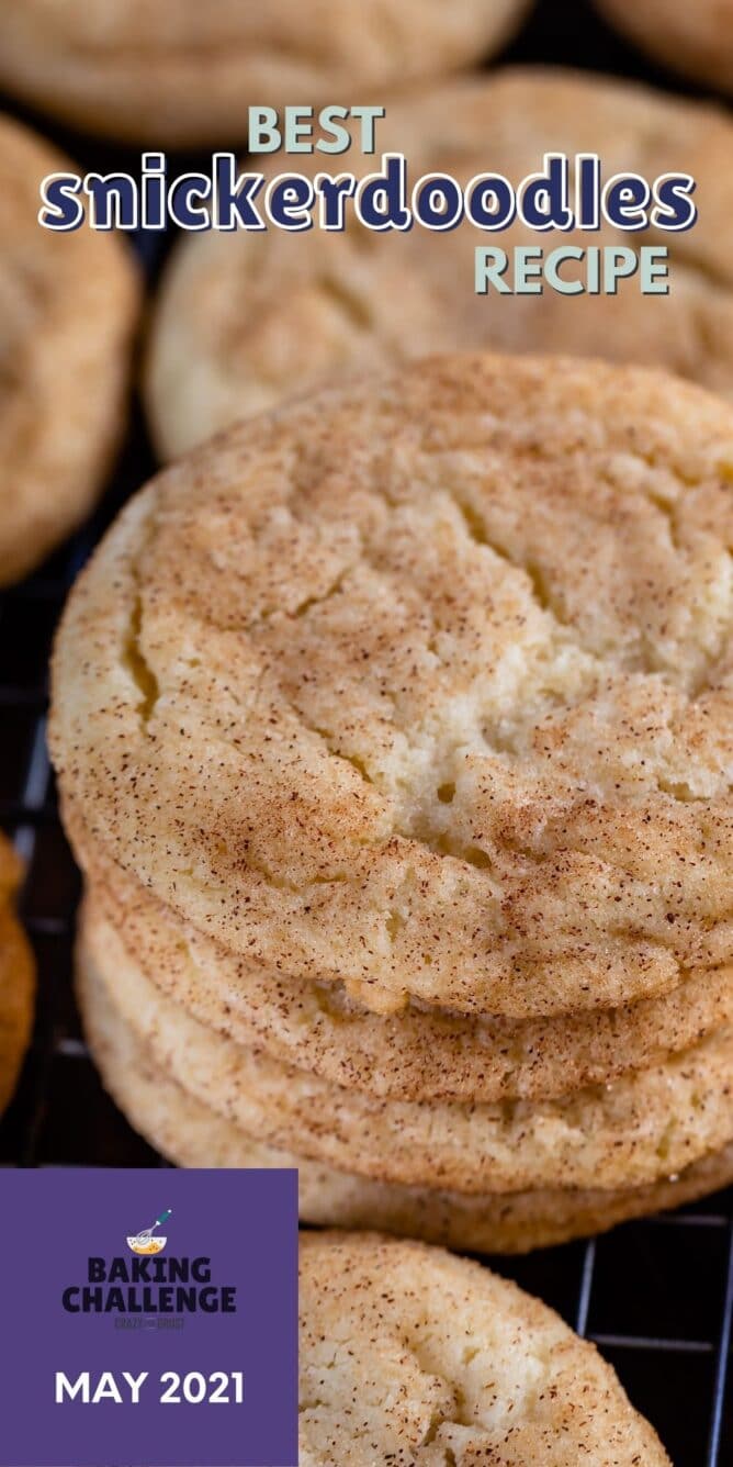 stack of snickerdoodle cookies with words and challenge icon