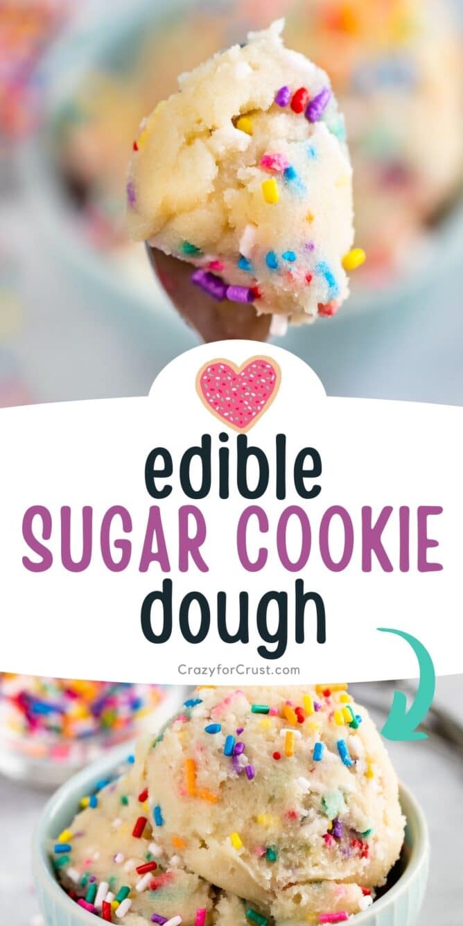 Photo collage of edible sugar cookie dough with recipe title in the middle of photo