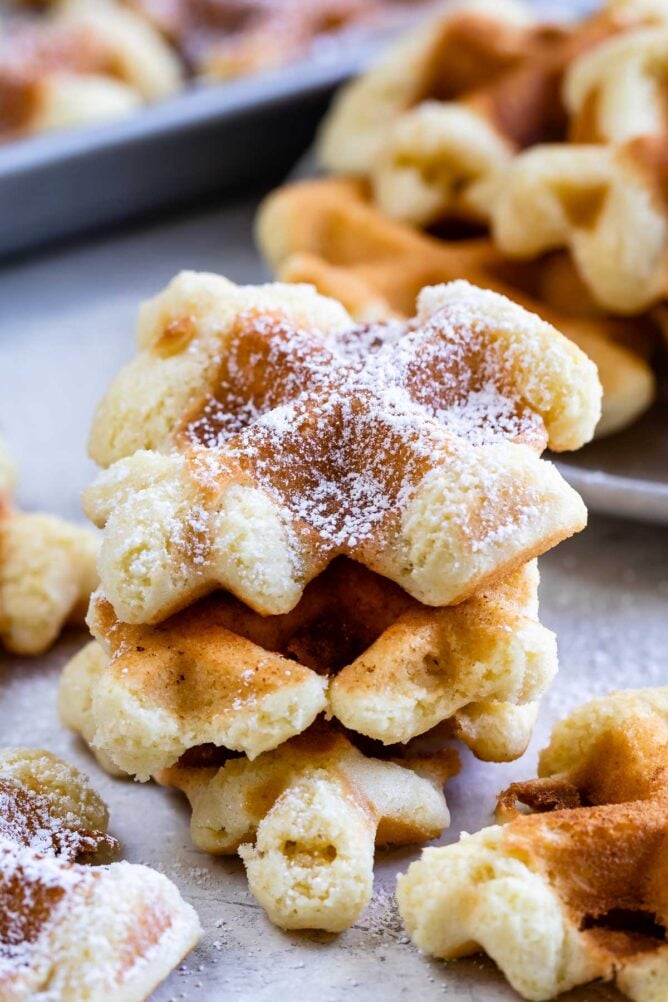 Close up shot of a stack of waffle cookies