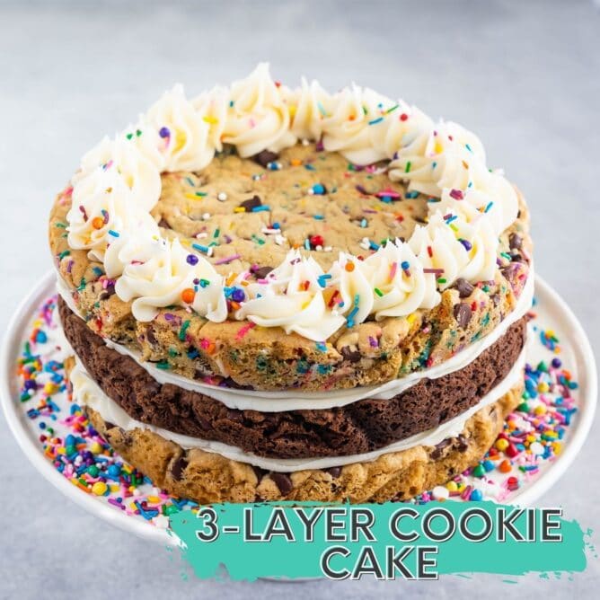 cookie cake with three layers and frosting and sprinkles