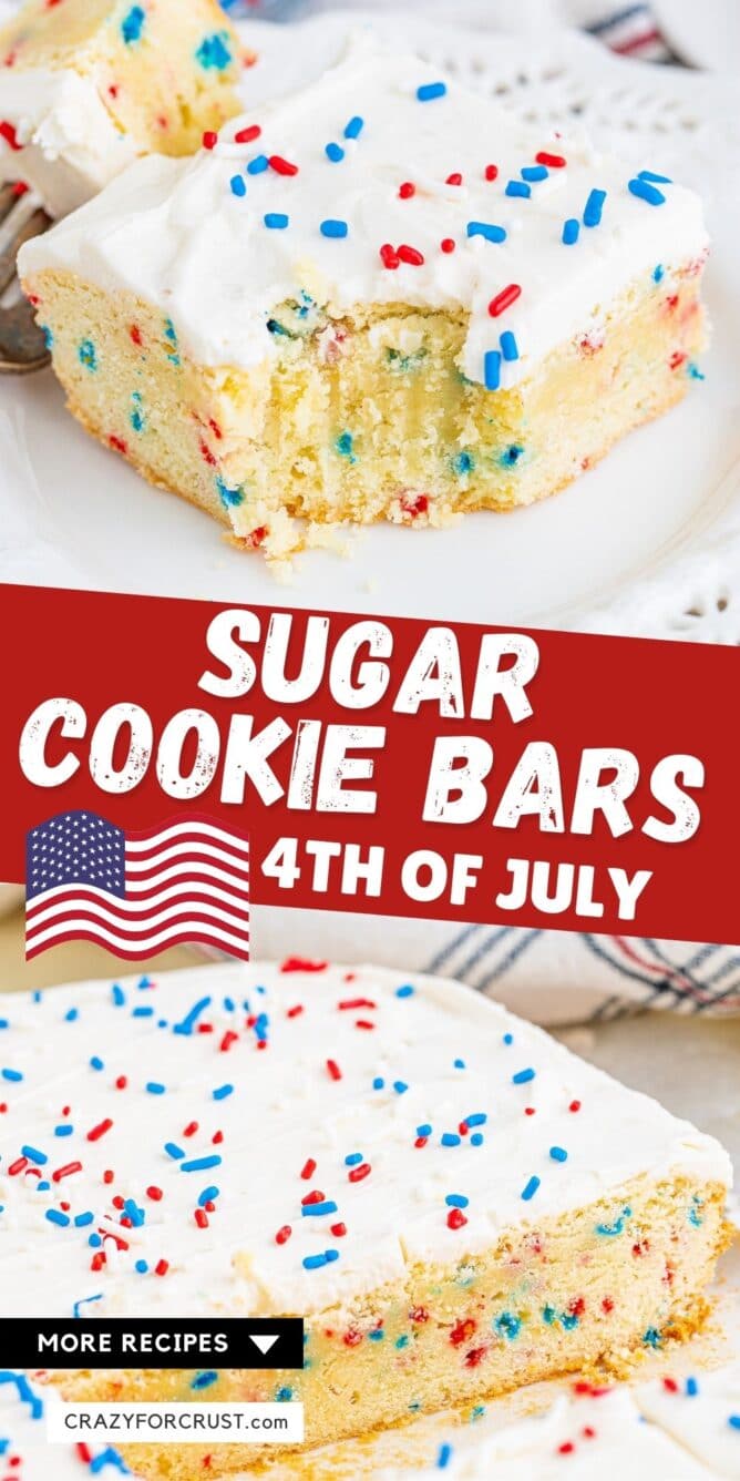 collage of 2 photos - one bar with bite missing the other the pan of bars with sprinkles