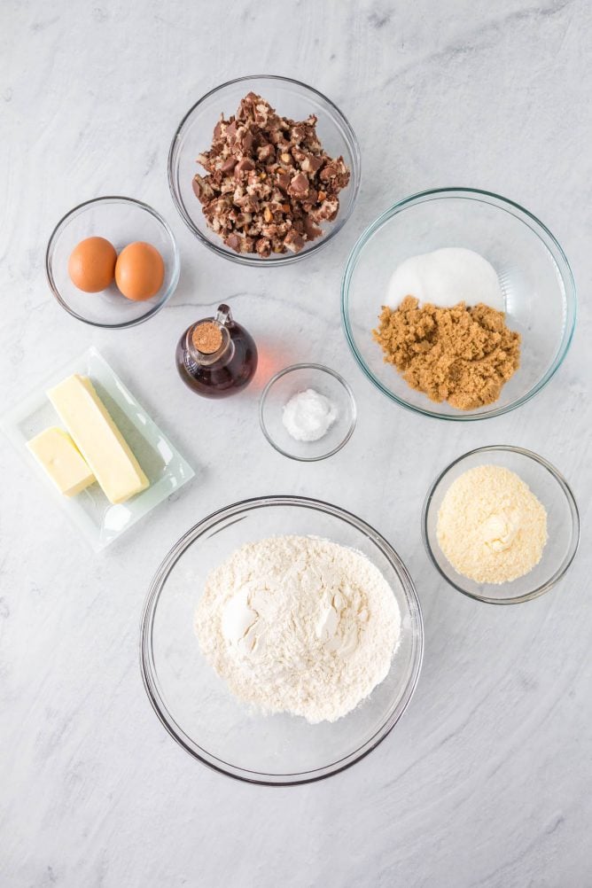 Overhead shot of measured ingredients needed to make almond joy pudding cookies