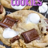 Close up shot of s'mores cookies with recipe title on the top of image