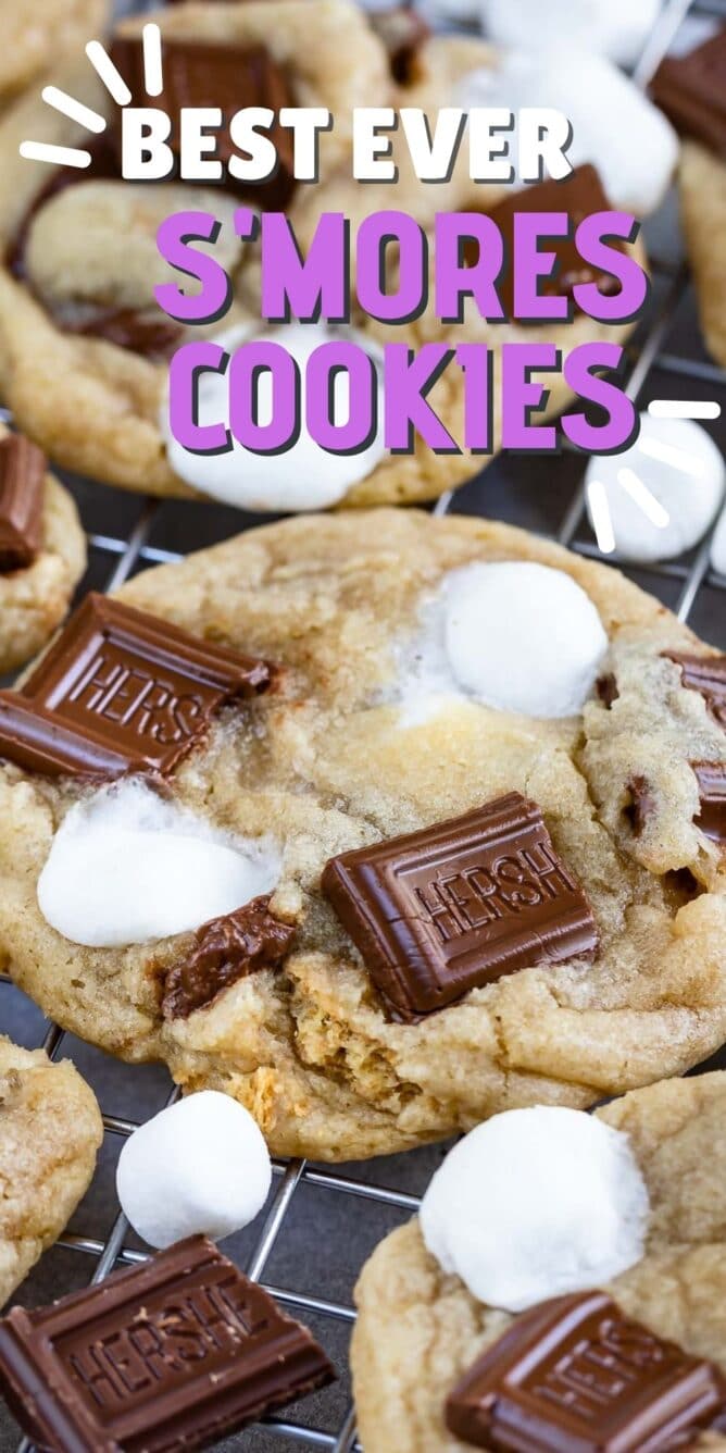 Close up shot of s'mores cookies with recipe title on the top of image