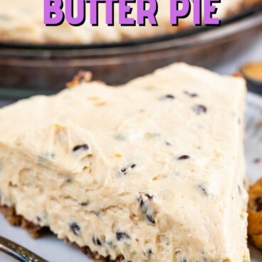 One slice of chocolate chip peanut butter pie with recipe title on top of image