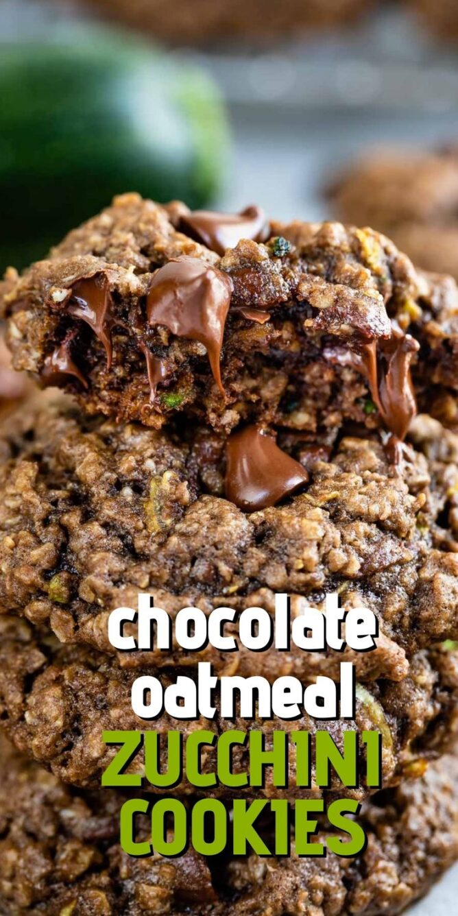 Stack of chocolate oatmeal zucchini cookies with top split in half to show inside and recipe title on bottom of photo