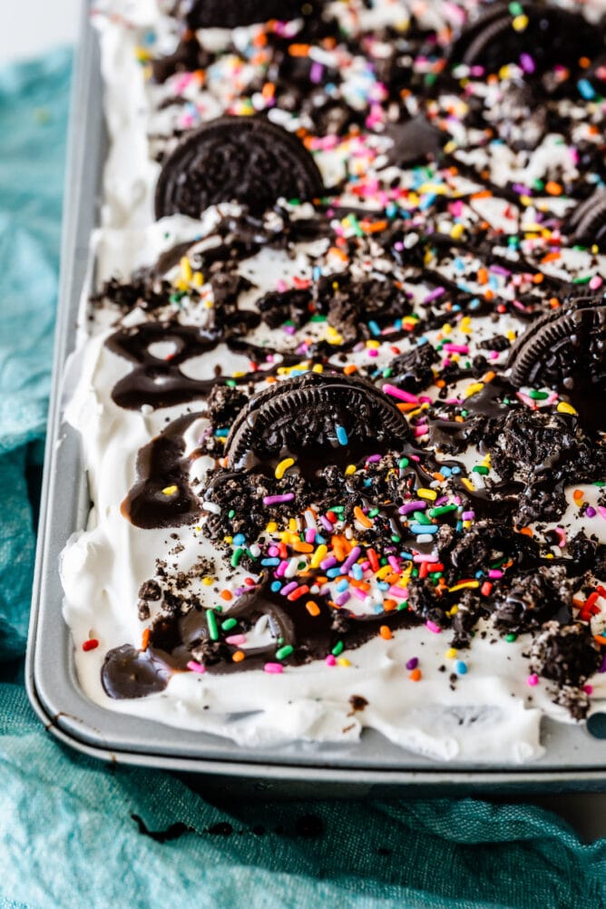 Easy Ice Cream Sandwich Cake | Crazy for Crust 7 Close up shot of one corner of ice cream sandwich cake