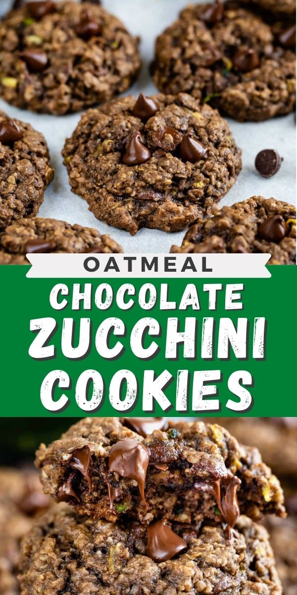 Oatmeal chocolate zucchini cookies collage with recipe title in the middle of two photos