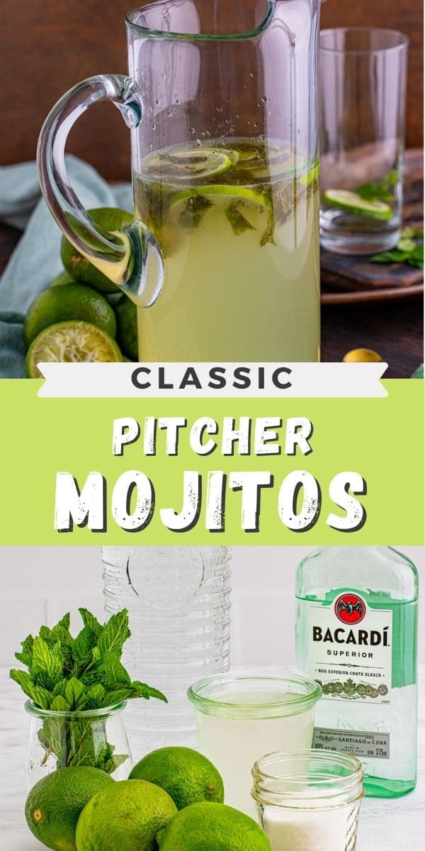 Photo collage of pitcher mojitos with recipe title in the middle