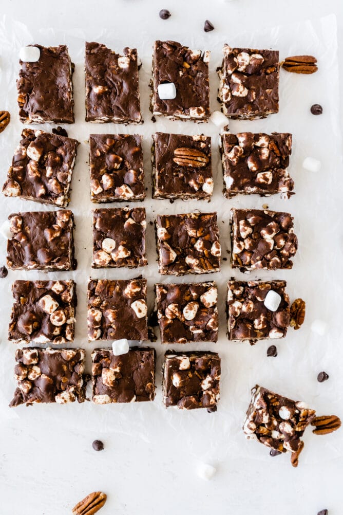 Overhead shot of easy rocky road bars cut into squares
