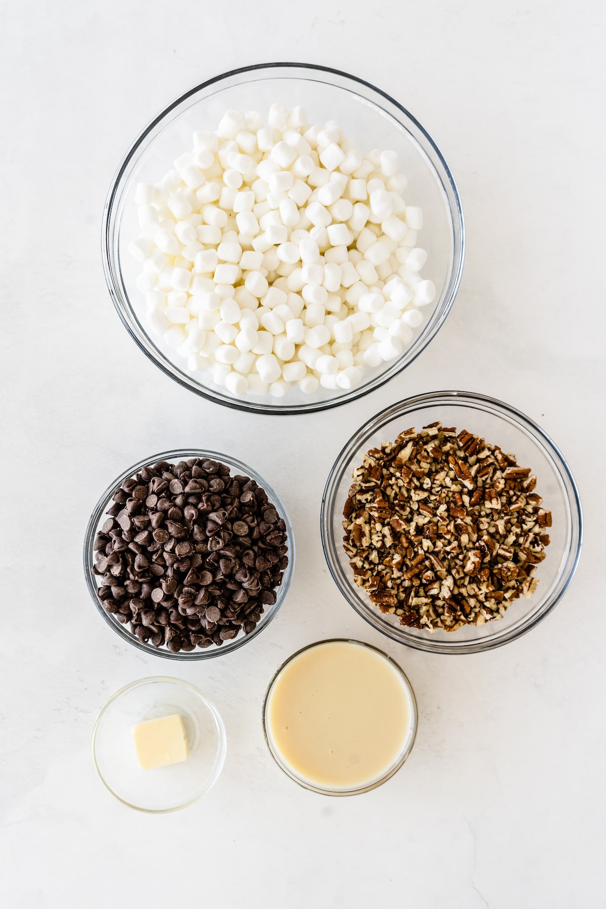 Overhead shot of all the ingredients needed to make easy rocky road bars