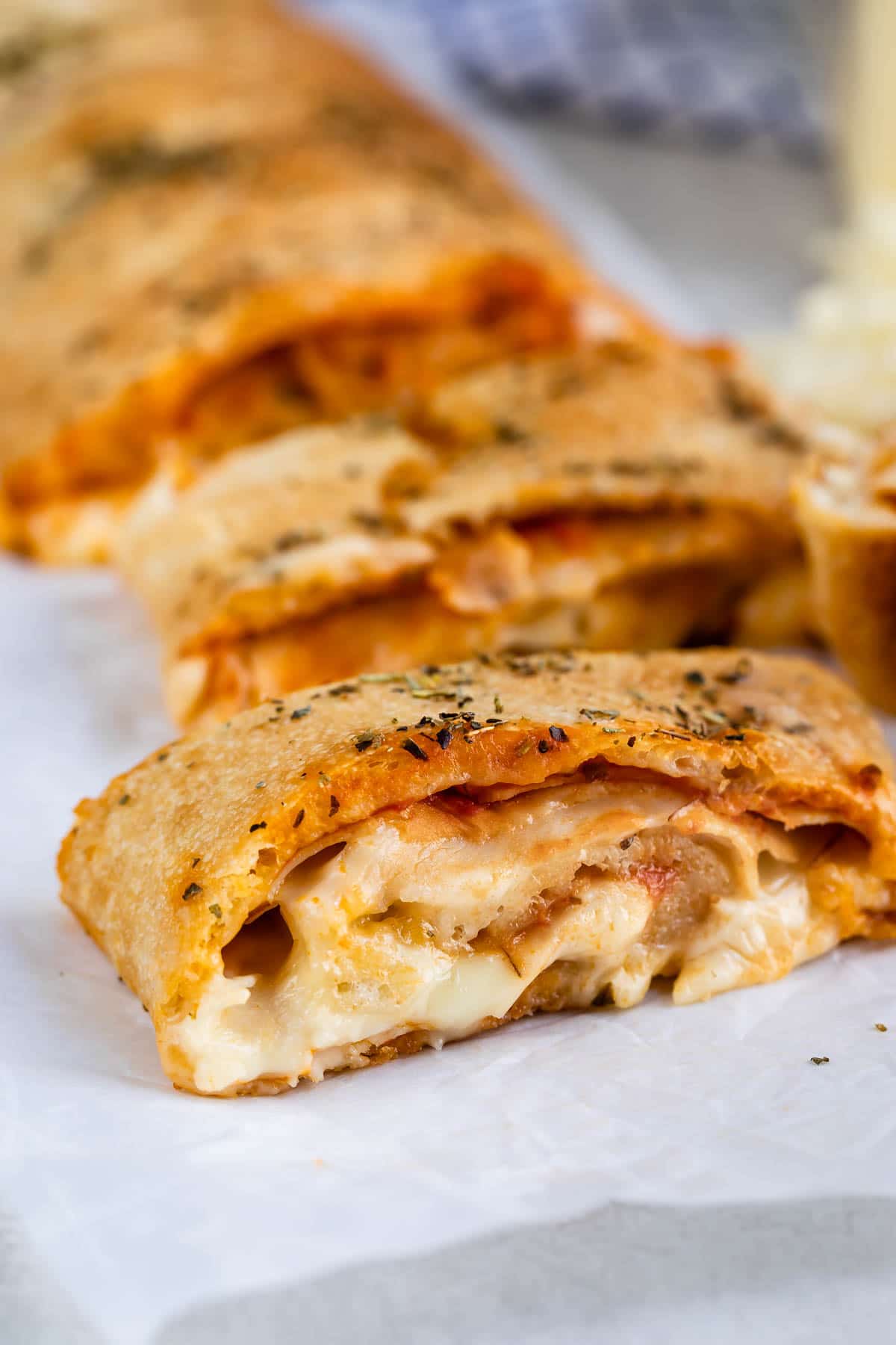 close up of sliced Stromboli