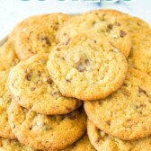 Plate full of almond joy pudding cookies with recipe title on top of image