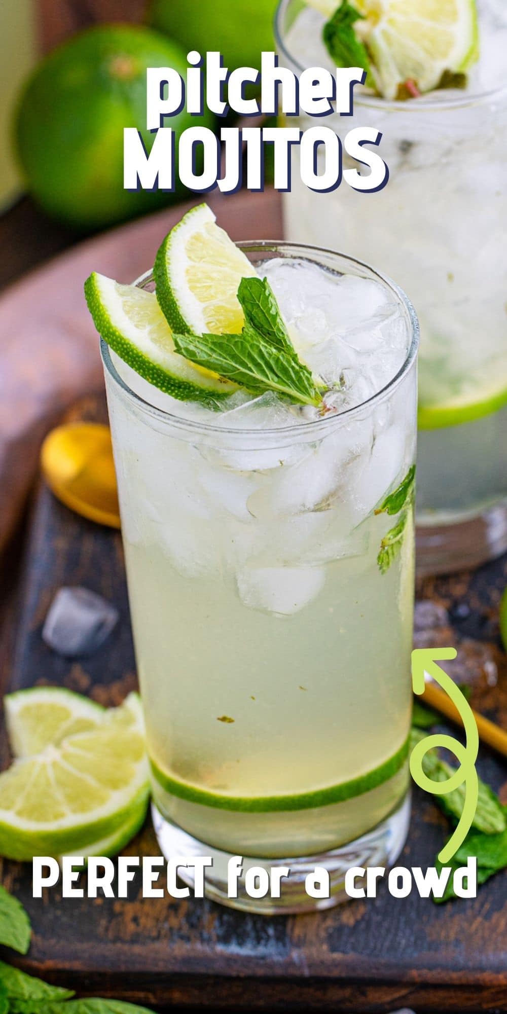 Mojito in a glass with recipe title on top of image