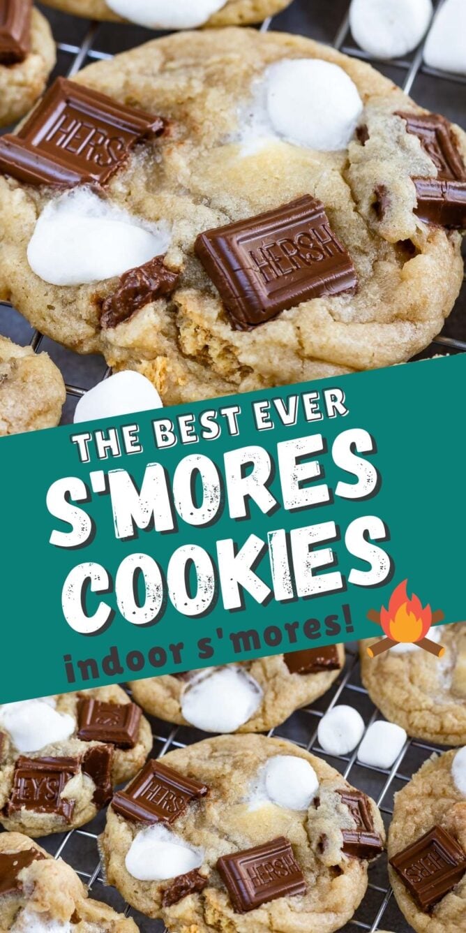S'more cookies photo collage with recipe title in the middle of the photos