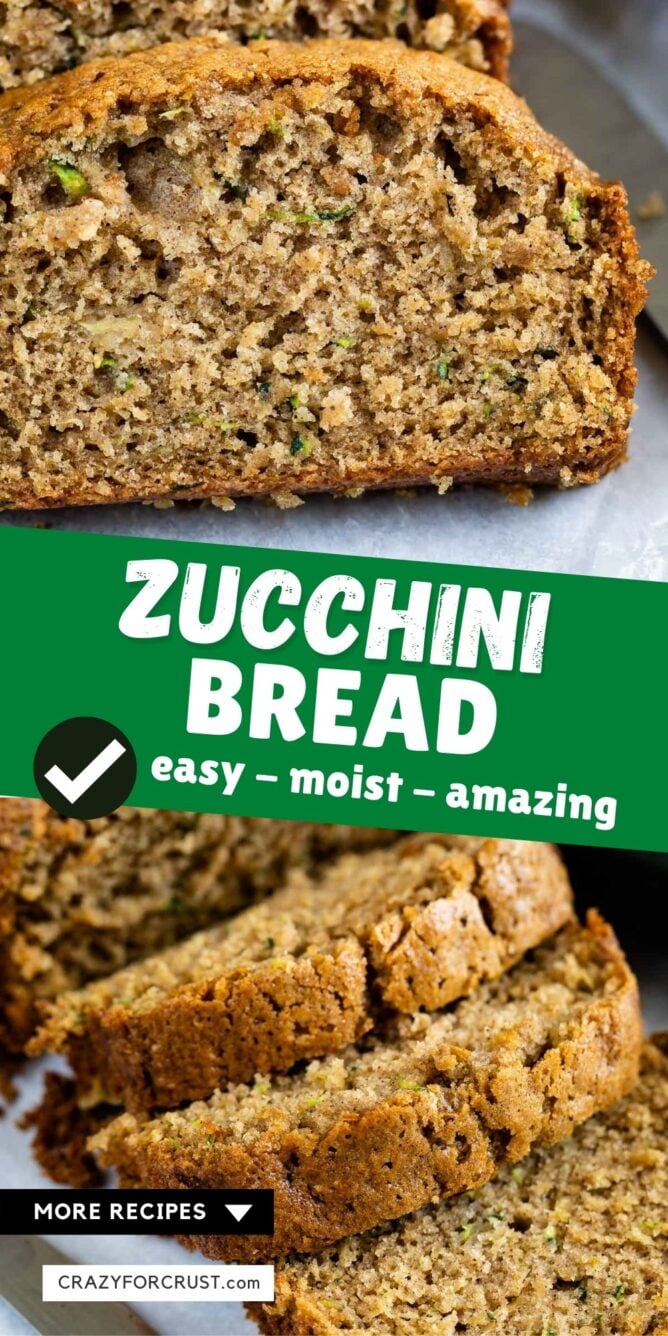 Photo collage of zucchini bread with recipe title in the middle of photos