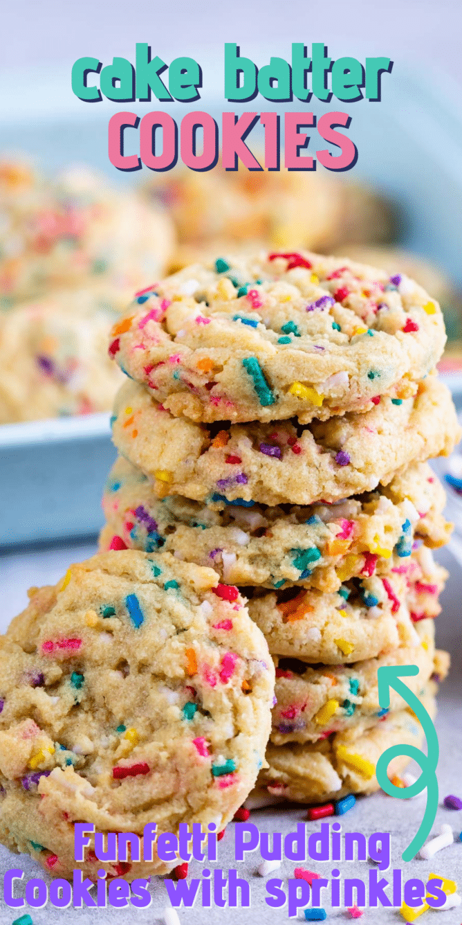 Tall stack of cake batter cookies with sprinkles around them and recipe title on top of image