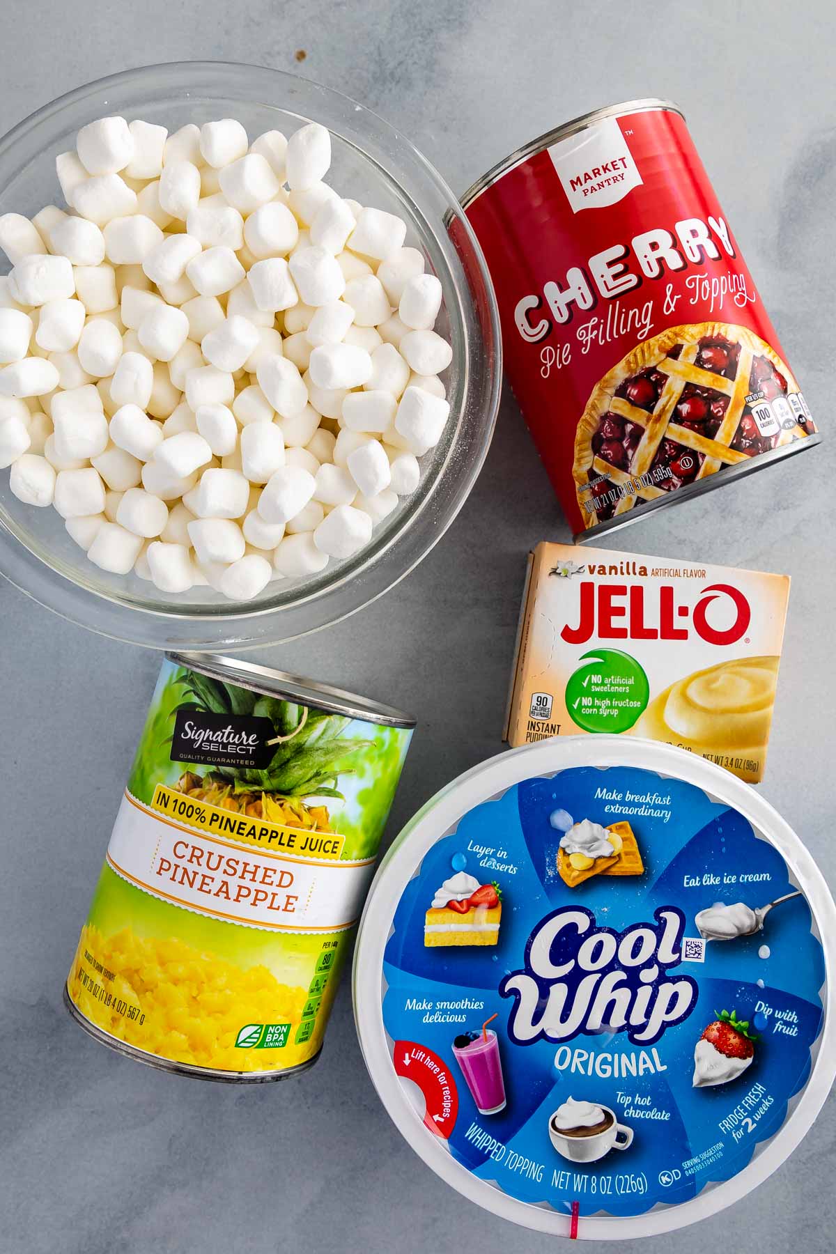 Overhead shot showing five ingredients needed to make cherry fluff