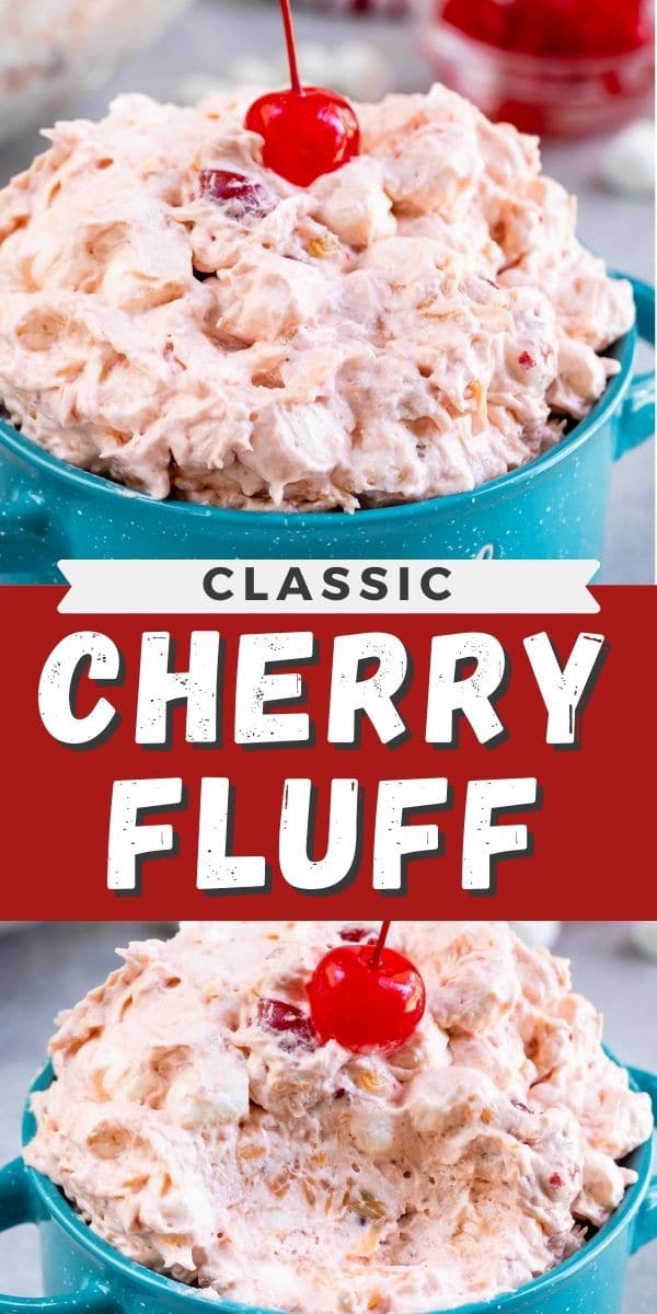 Photo collage of cherry fluff with recipe title in the middle