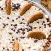 No bake chocolate chip cookie pudding pie with recipe title on top